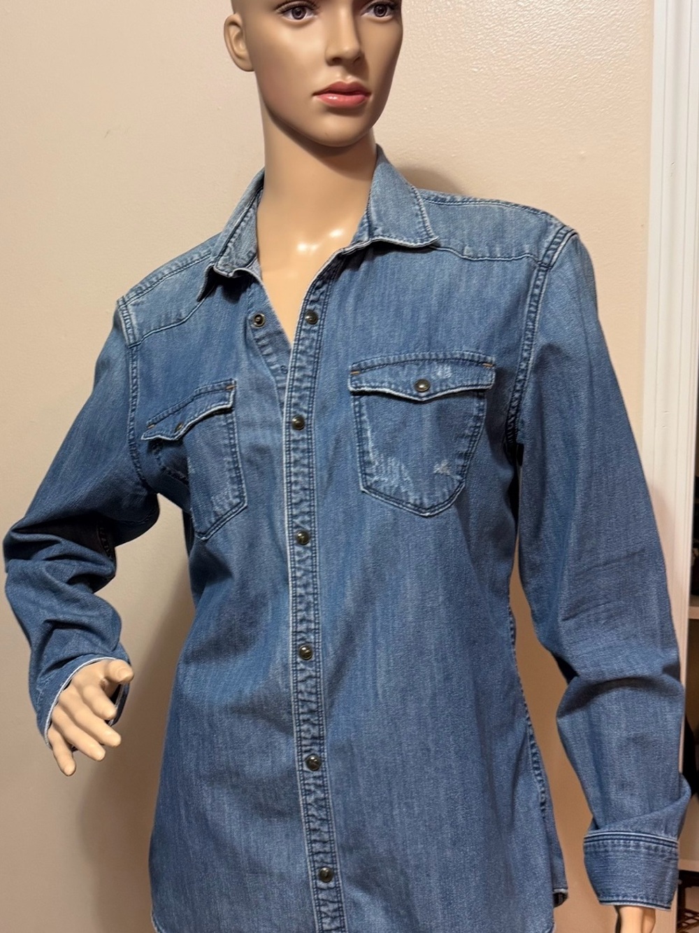Treasure & Bond Medium Wash Distressed Denim Snap Front Western Shirt (Unisex)